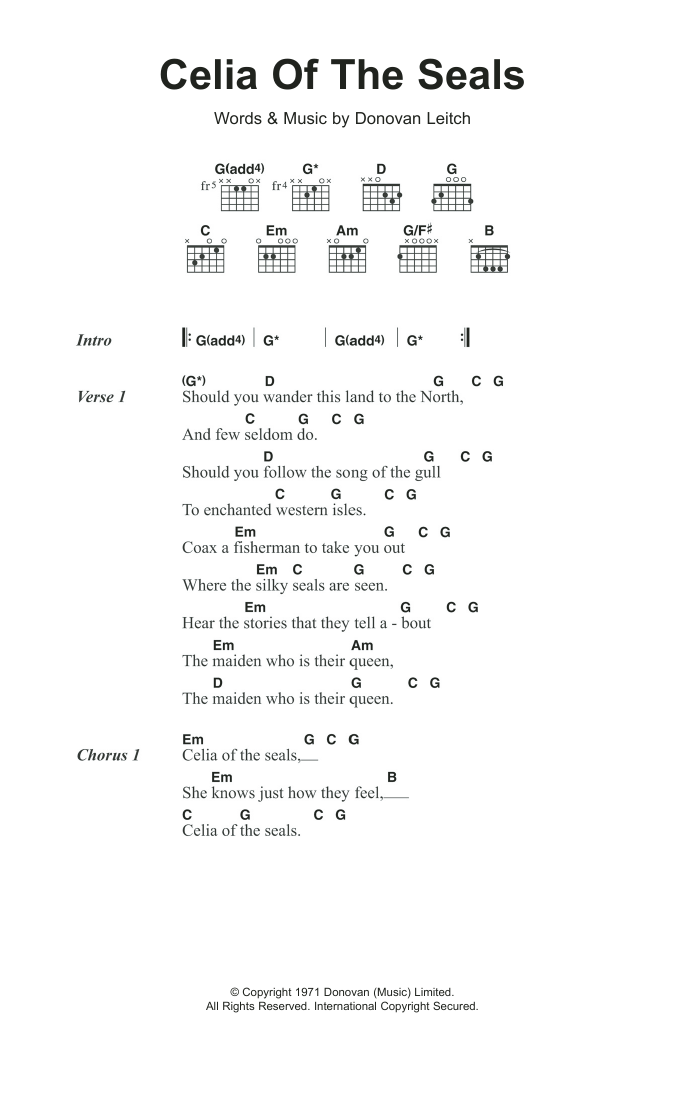 Donovan Celia Of The Seals Sheet Music Notes & Chords for Piano, Vocal & Guitar Chords (Right-Hand Melody) - Download or Print PDF