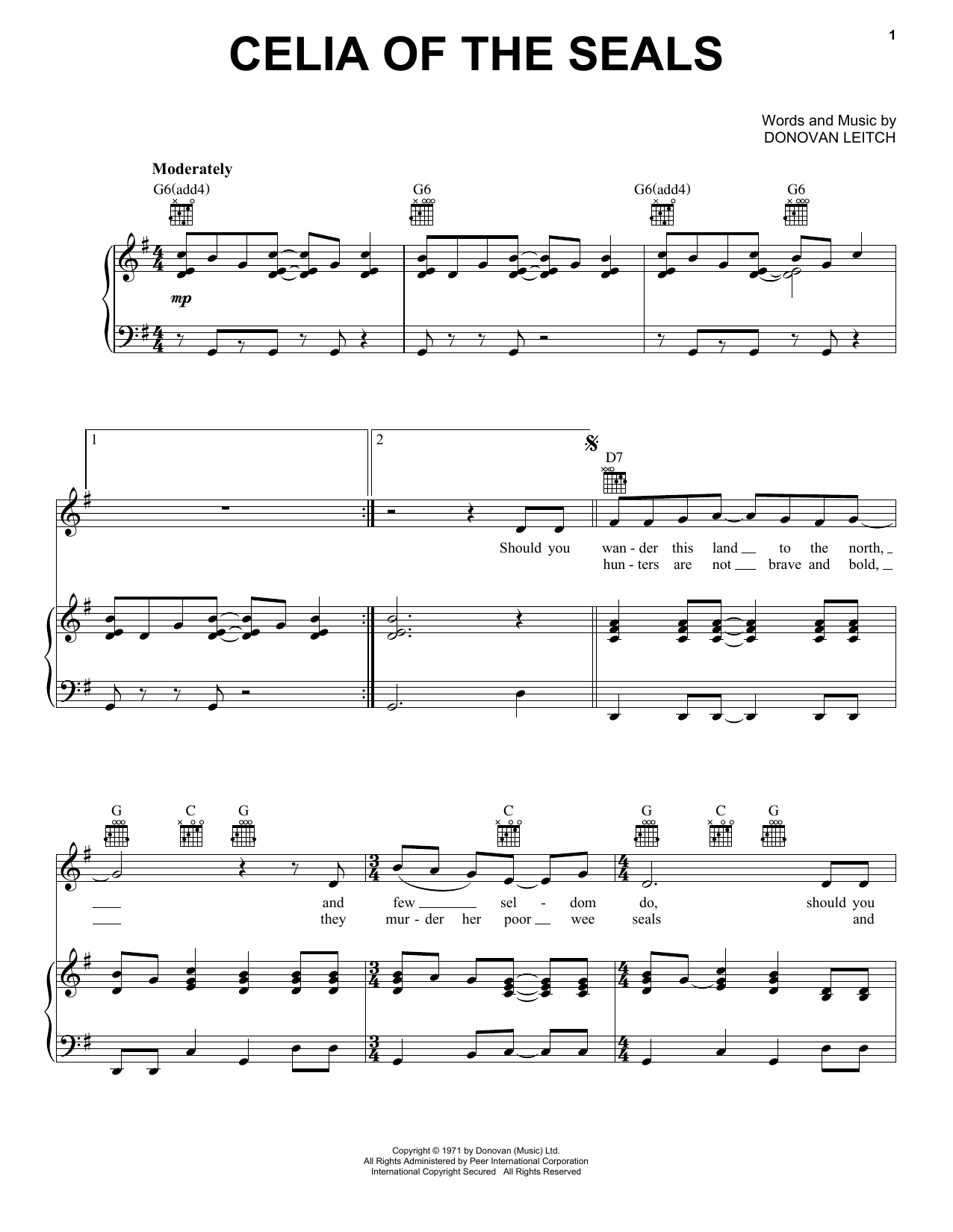 Donovan Celia Of The Seals Sheet Music Notes & Chords for Lyrics & Chords - Download or Print PDF