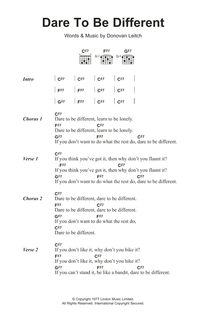 Donovan Dare To Be Different Sheet Music Notes & Chords for Lyrics & Chords - Download or Print PDF