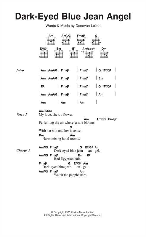 Donovan Dark Eyed Blue Jean Angel Sheet Music Notes & Chords for Lyrics & Chords - Download or Print PDF