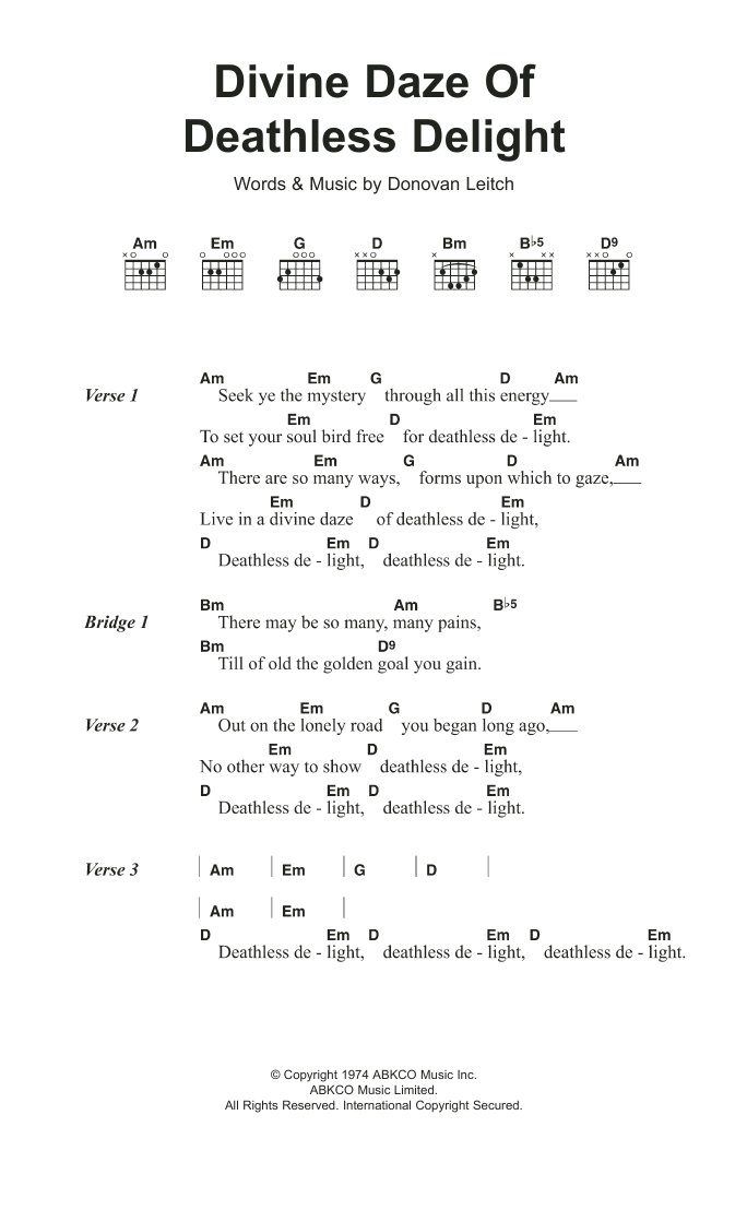 Donovan Divine Daze Of Deathless Delight Sheet Music Notes & Chords for Lyrics & Chords - Download or Print PDF