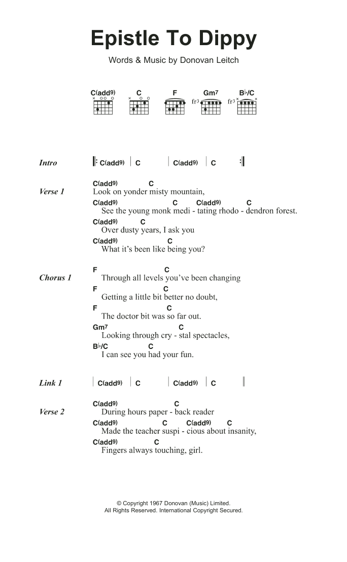 Donovan Epistle To Dippy Sheet Music Notes & Chords for Lyrics & Chords - Download or Print PDF Donovan Epistle To Dippy Sheet Music Notes & Chords for Lyrics & Chords - Download or Print PDF