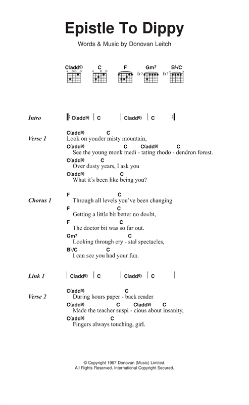 Donovan Epistle To Dippy Sheet Music Notes & Chords for Lyrics & Chords - Download or Print PDF