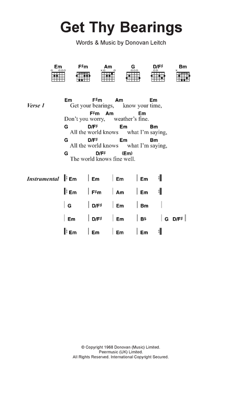 Donovan Get Thy Bearings Sheet Music Notes & Chords for Lyrics & Chords - Download or Print PDF