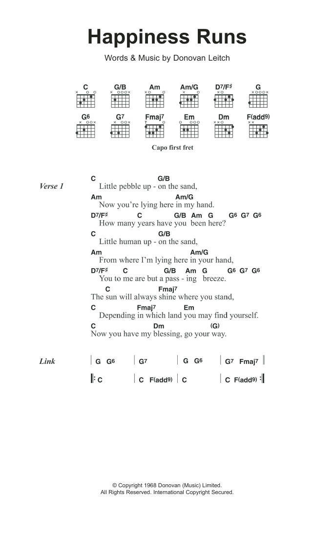 Donovan Happiness Runs Sheet Music Notes & Chords for Lyrics & Chords - Download or Print PDF