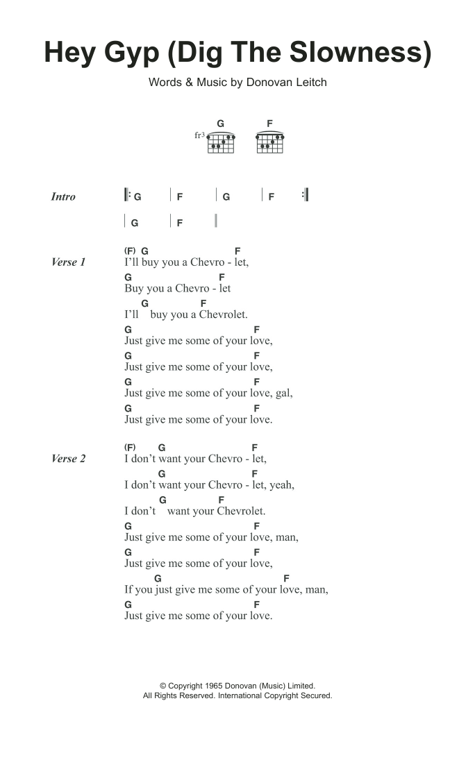 Donovan Hey Gyp (Dig The Slowness) Sheet Music Notes & Chords for Lyrics & Chords - Download or Print PDF