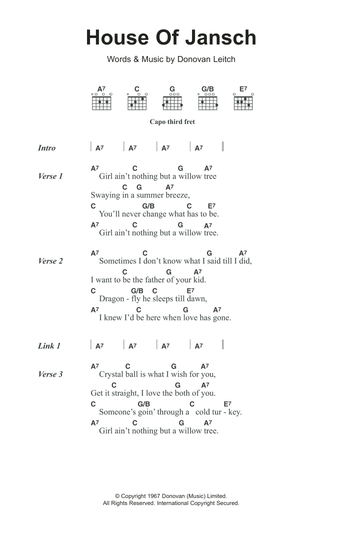 Donovan House Of Jansch Sheet Music Notes & Chords for Lyrics & Chords - Download or Print PDF