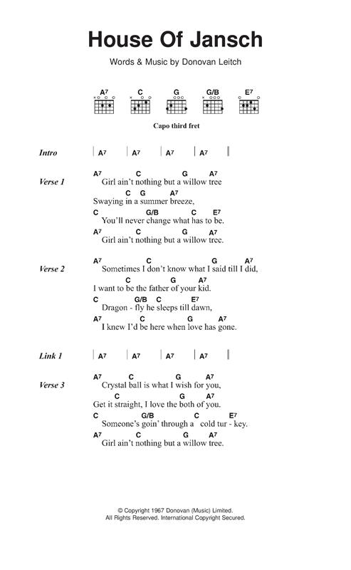 Donovan House Of Jansch Sheet Music Notes & Chords for Lyrics & Chords - Download or Print PDF