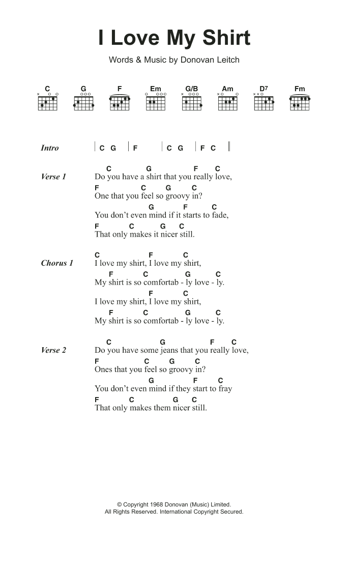 Donovan I Love My Shirt Sheet Music Notes & Chords for Lyrics & Chords - Download or Print PDF