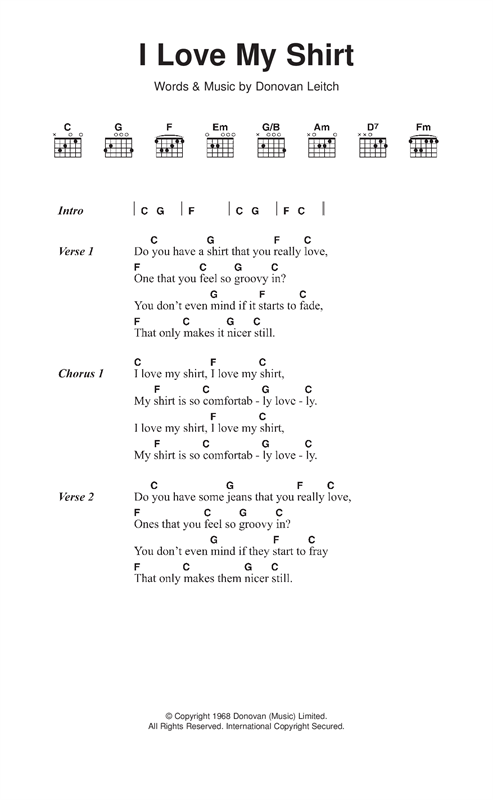 Donovan I Love My Shirt Sheet Music Notes & Chords for Lyrics & Chords - Download or Print PDF