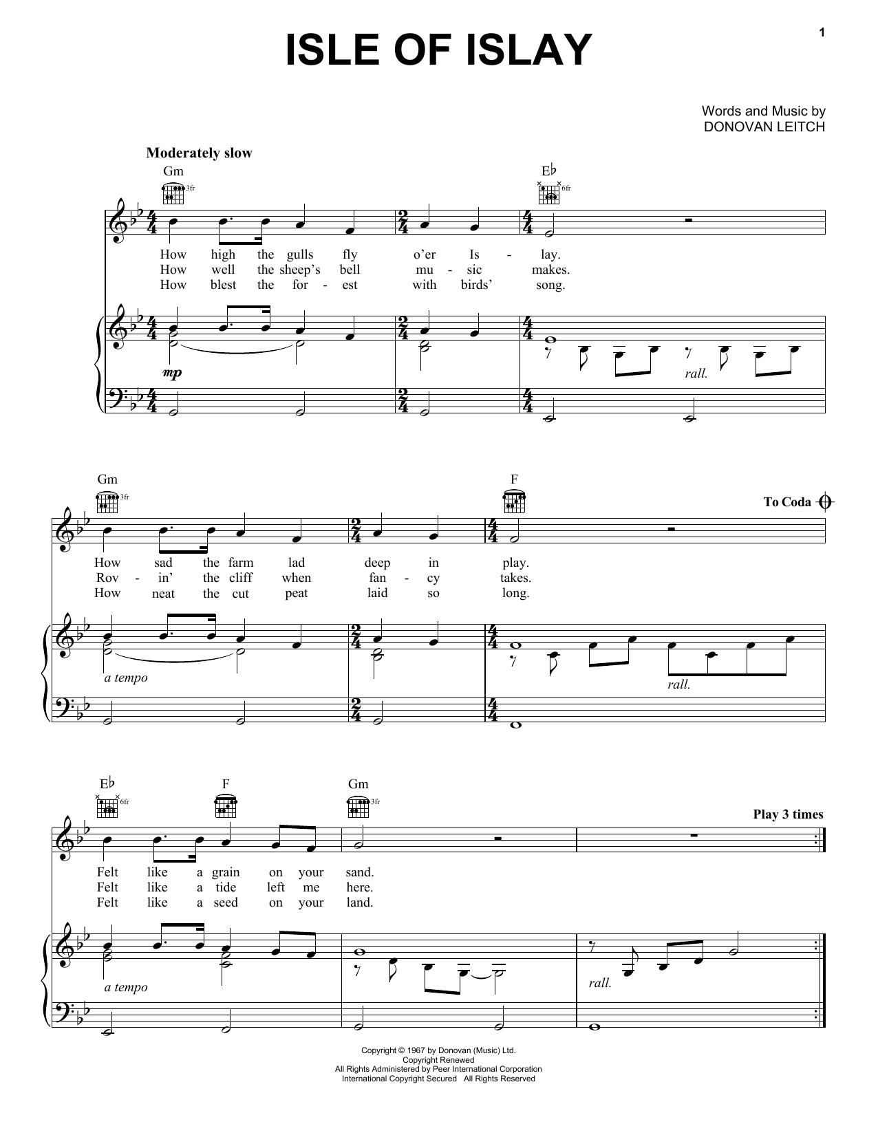 Donovan Isle Of Islay Sheet Music Notes & Chords for Lyrics & Chords - Download or Print PDF