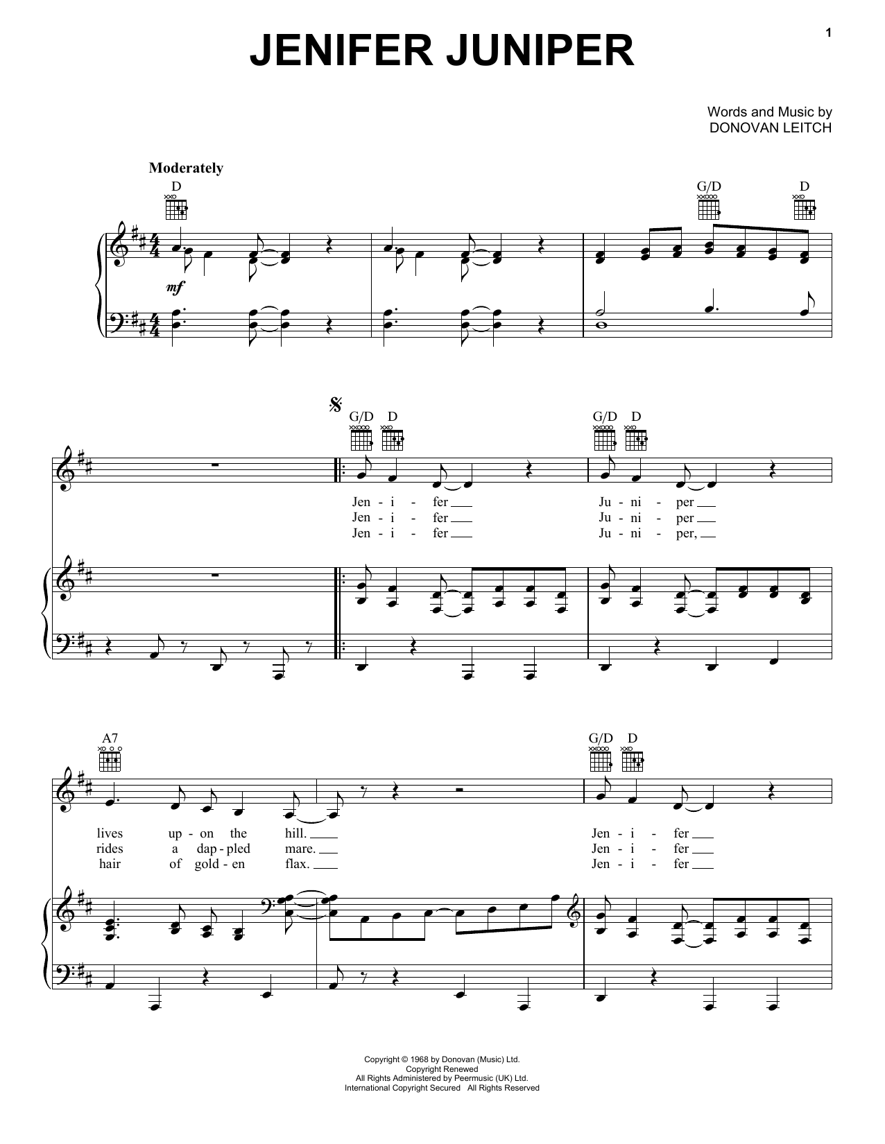 Donovan Jenifer Juniper Sheet Music Notes & Chords for Piano, Vocal & Guitar (Right-Hand Melody) - Download or Print PDF