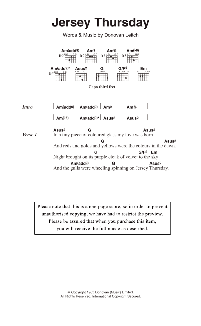 Donovan Jersey Thursday Sheet Music Notes & Chords for Lyrics & Chords - Download or Print PDF