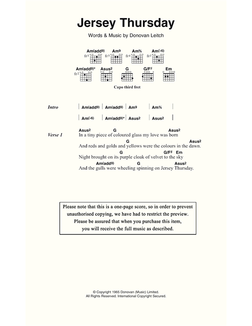 Donovan Jersey Thursday Sheet Music Notes & Chords for Lyrics & Chords - Download or Print PDF