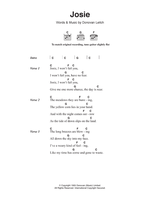 Donovan Josie Sheet Music Notes & Chords for Lyrics & Chords - Download or Print PDF