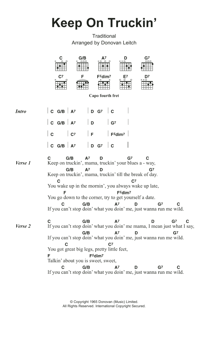 Donovan Keep On Truckin' Sheet Music Notes & Chords for Lyrics & Chords - Download or Print PDF