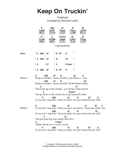 Donovan Keep On Truckin' Sheet Music Notes & Chords for Lyrics & Chords - Download or Print PDF