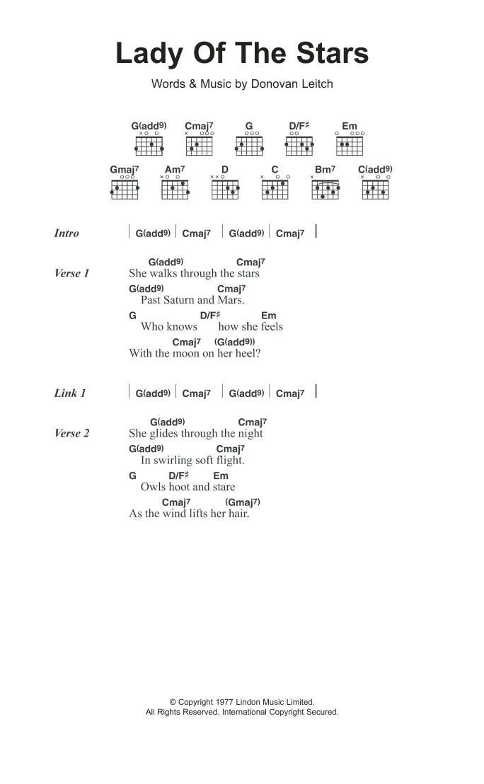 Donovan Lady Of The Stars Sheet Music Notes & Chords for Lyrics & Chords - Download or Print PDF