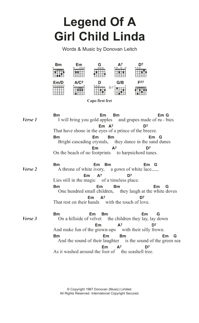 Donovan Legend Of A Girl Child Linda Sheet Music Notes & Chords for Piano, Vocal & Guitar Chords (Right-Hand Melody) - Download or Print PDF