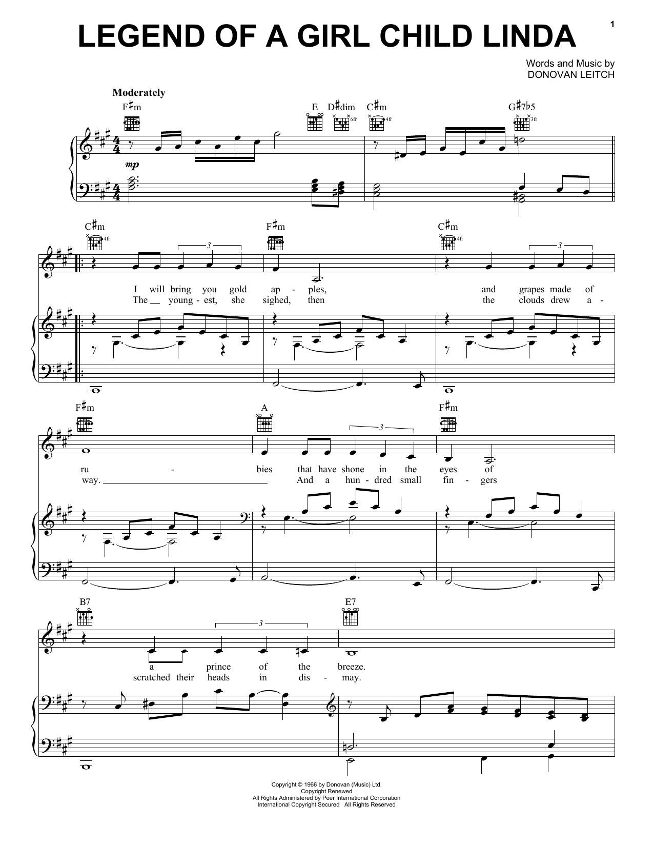 Donovan Legend Of A Girl-Child Linda Sheet Music Notes & Chords for Lyrics & Chords - Download or Print PDF