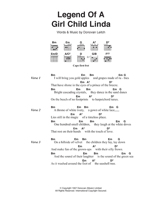 Donovan Legend Of A Girl-Child Linda Sheet Music Notes & Chords for Lyrics & Chords - Download or Print PDF
