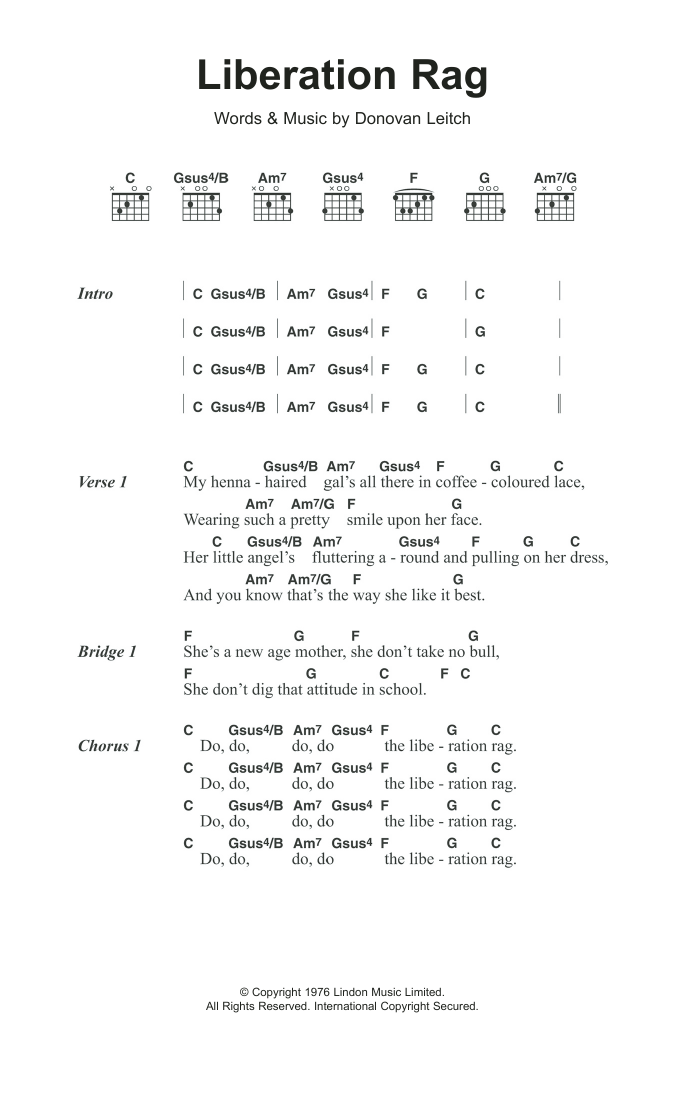 Donovan Liberation Rag Sheet Music Notes & Chords for Lyrics & Chords - Download or Print PDF