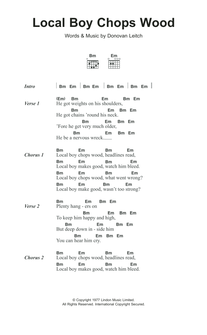 Donovan Local Boy Chops Wood Sheet Music Notes & Chords for Lyrics & Chords - Download or Print PDF