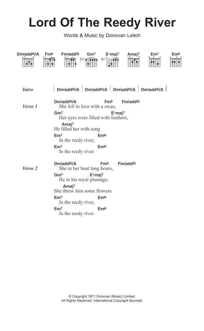 Donovan Lord Of The Reedy River Sheet Music Notes & Chords for Lyrics & Chords - Download or Print PDF