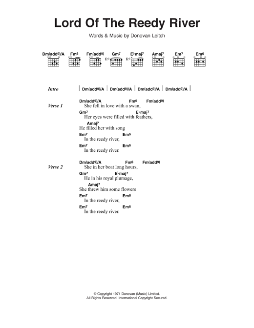 Donovan Lord Of The Reedy River Sheet Music Notes & Chords for Lyrics & Chords - Download or Print PDF