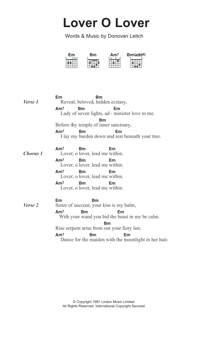 Donovan Lover O Lover Sheet Music Notes & Chords for Lyrics & Chords - Download or Print PDF