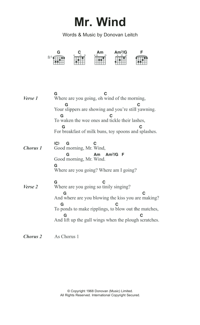 Donovan Mr. Wind Sheet Music Notes & Chords for Lyrics & Chords - Download or Print PDF