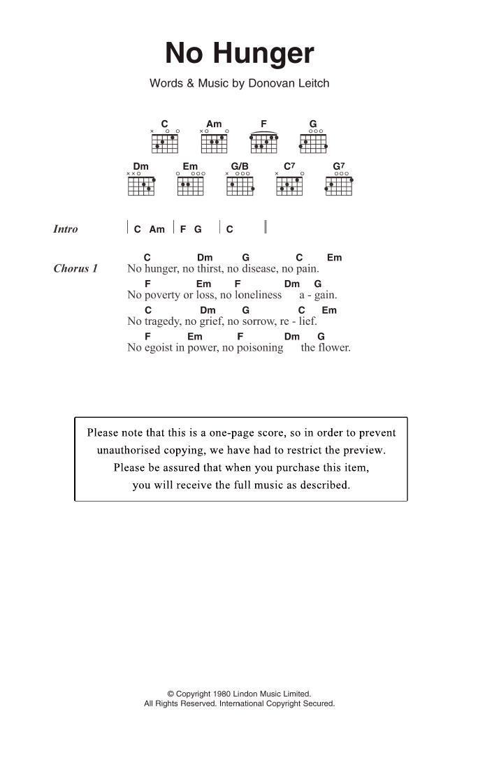 Donovan No Hunger Sheet Music Notes & Chords for Lyrics & Chords - Download or Print PDF