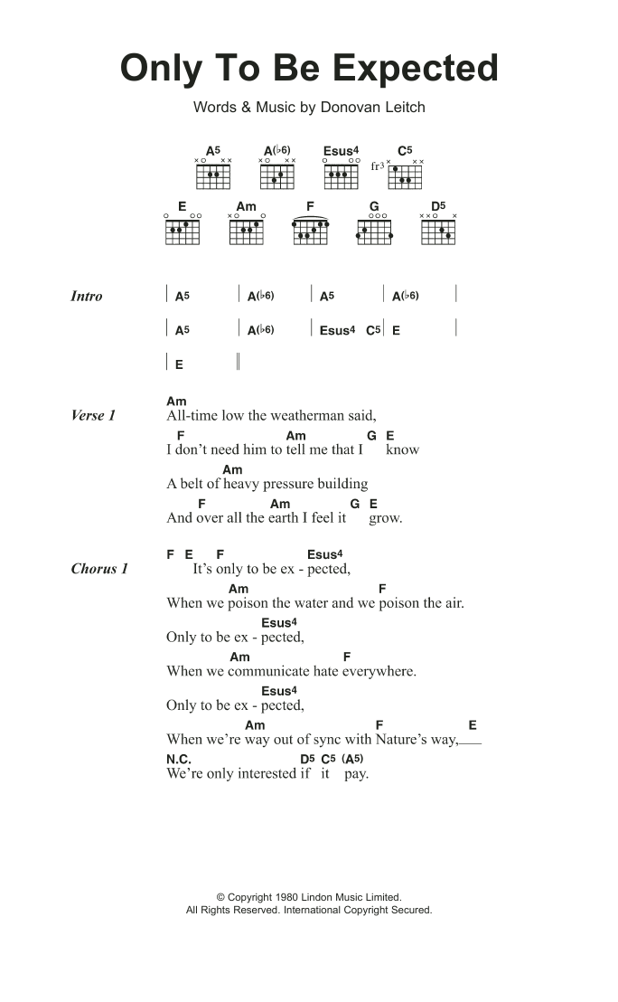 Donovan Only To Be Expected Sheet Music Notes & Chords for Lyrics & Chords - Download or Print PDF