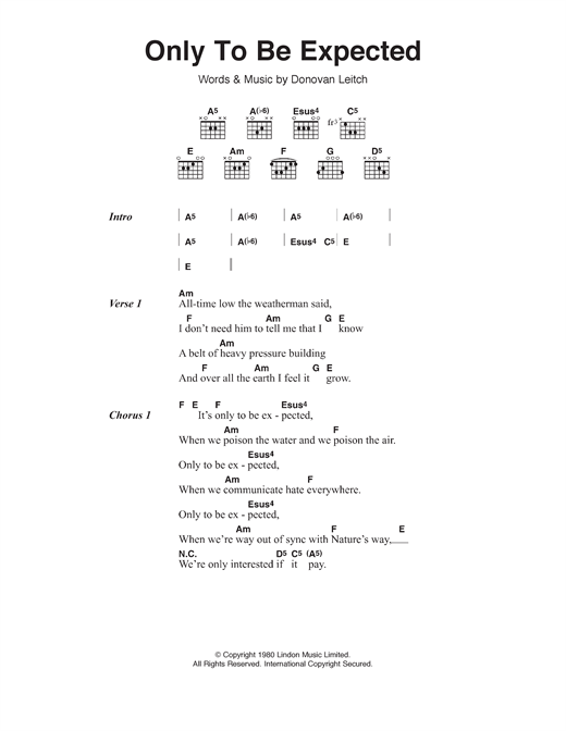 Donovan Only To Be Expected Sheet Music Notes & Chords for Lyrics & Chords - Download or Print PDF