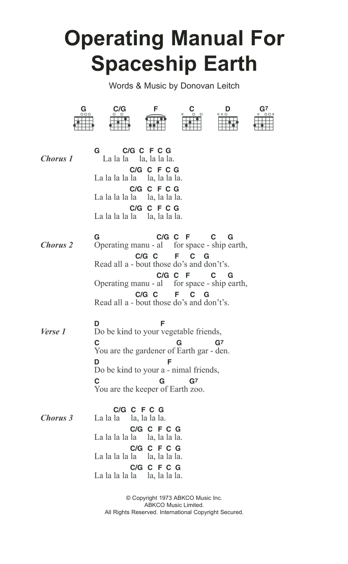 Donovan Operating Manual For Spaceship Earth Sheet Music Notes & Chords for Lyrics & Chords - Download or Print PDF