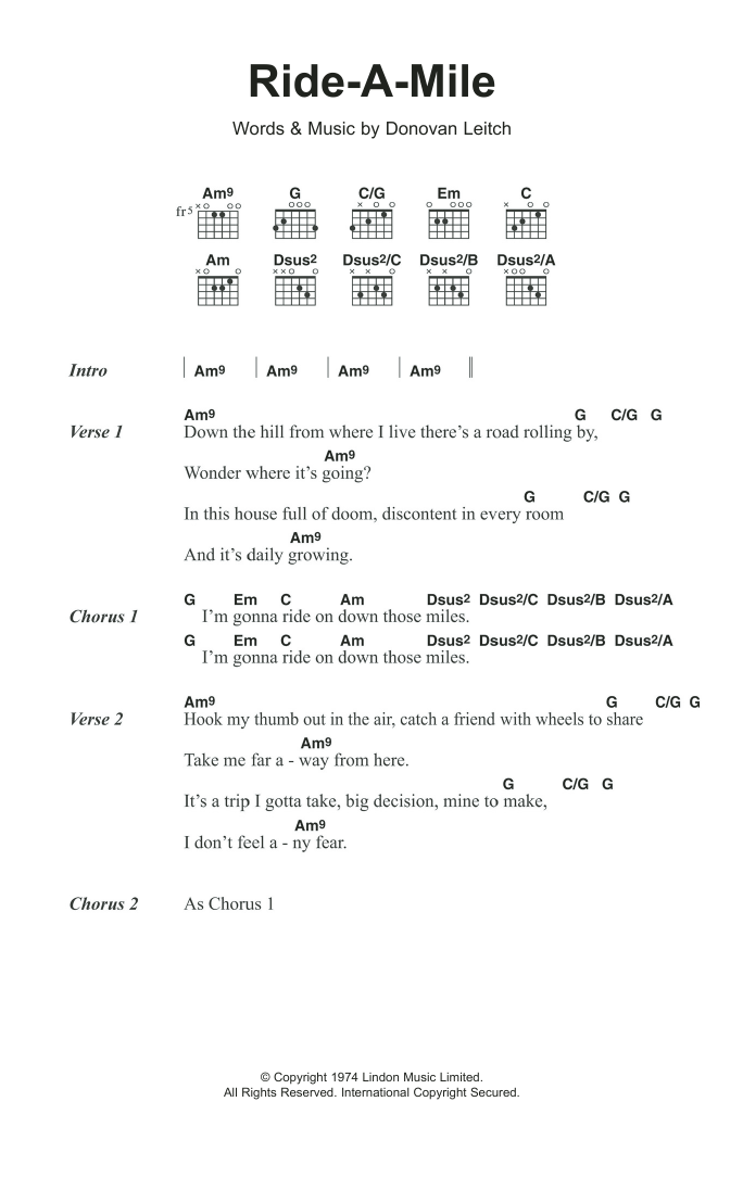 Donovan Ride A Mile Sheet Music Notes & Chords for Lyrics & Chords - Download or Print PDF