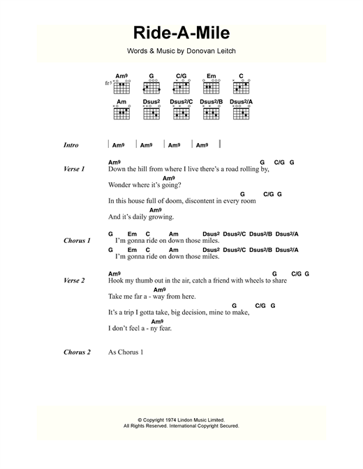 Donovan Ride A Mile Sheet Music Notes & Chords for Lyrics & Chords - Download or Print PDF
