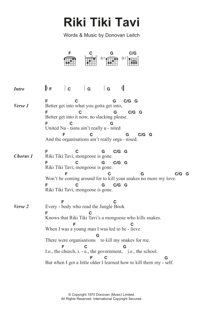 Donovan Riki Tiki Tavi Sheet Music Notes & Chords for Lyrics & Chords - Download or Print PDF