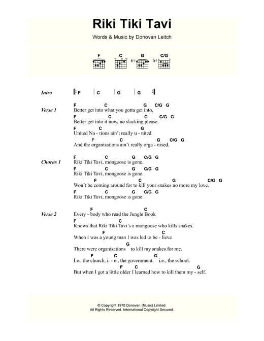 Donovan Riki Tiki Tavi Sheet Music Notes & Chords for Lyrics & Chords - Download or Print PDF