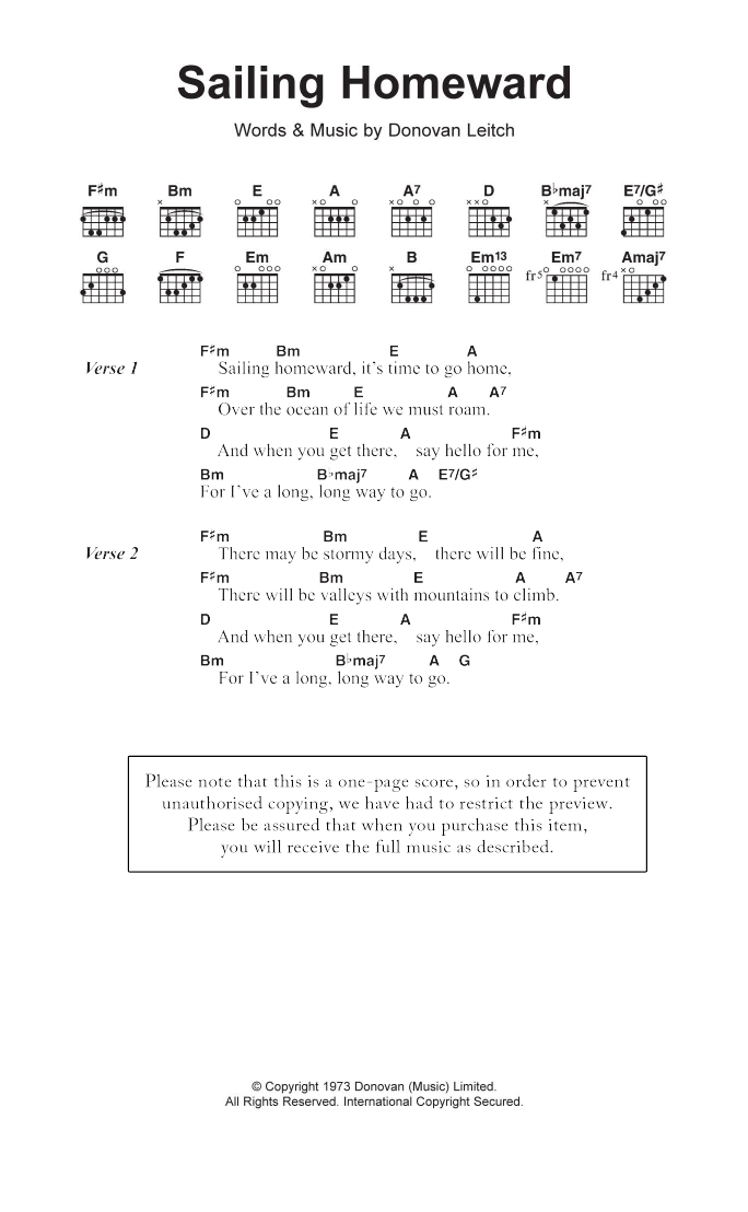 Donovan Sailing Homeward Sheet Music Notes & Chords for Lyrics & Chords - Download or Print PDF