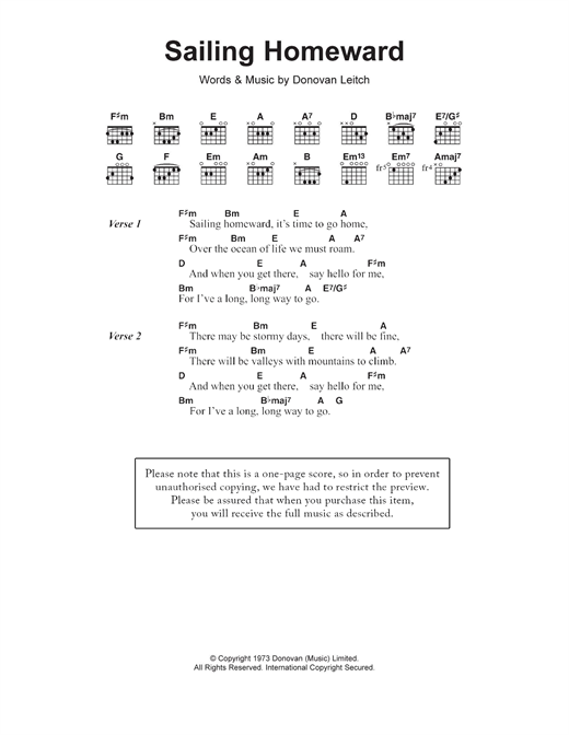 Donovan Sailing Homeward Sheet Music Notes & Chords for Lyrics & Chords - Download or Print PDF
