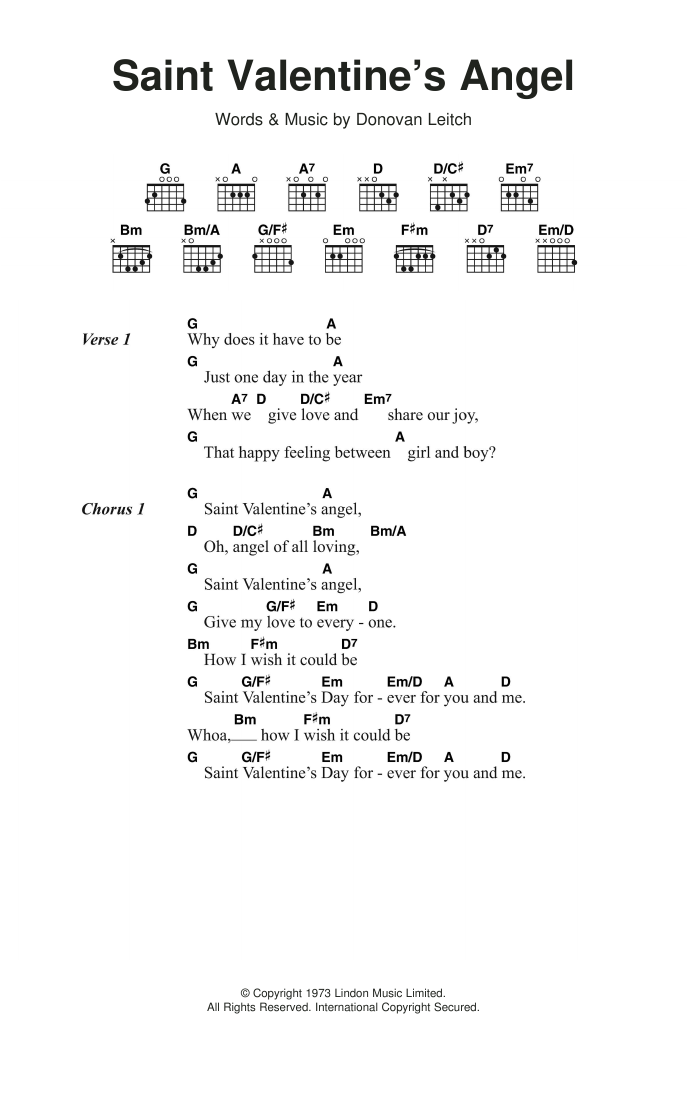 Donovan Saint Valentine's Angel Sheet Music Notes & Chords for Lyrics & Chords - Download or Print PDF