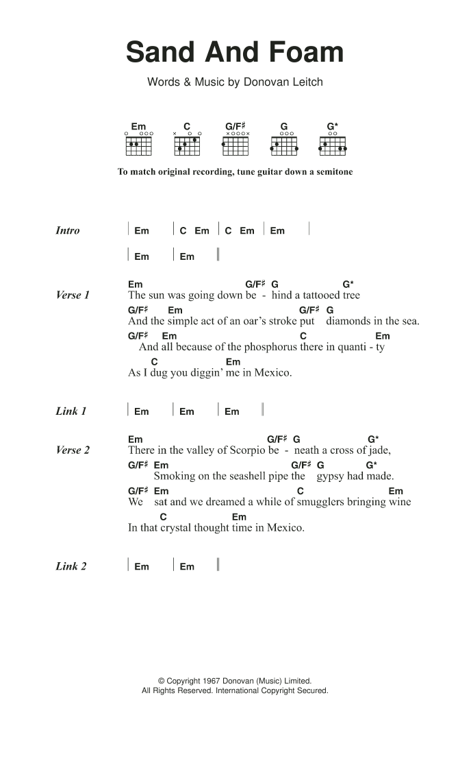 Donovan Sand And Foam Sheet Music Notes & Chords for Lyrics & Chords - Download or Print PDF