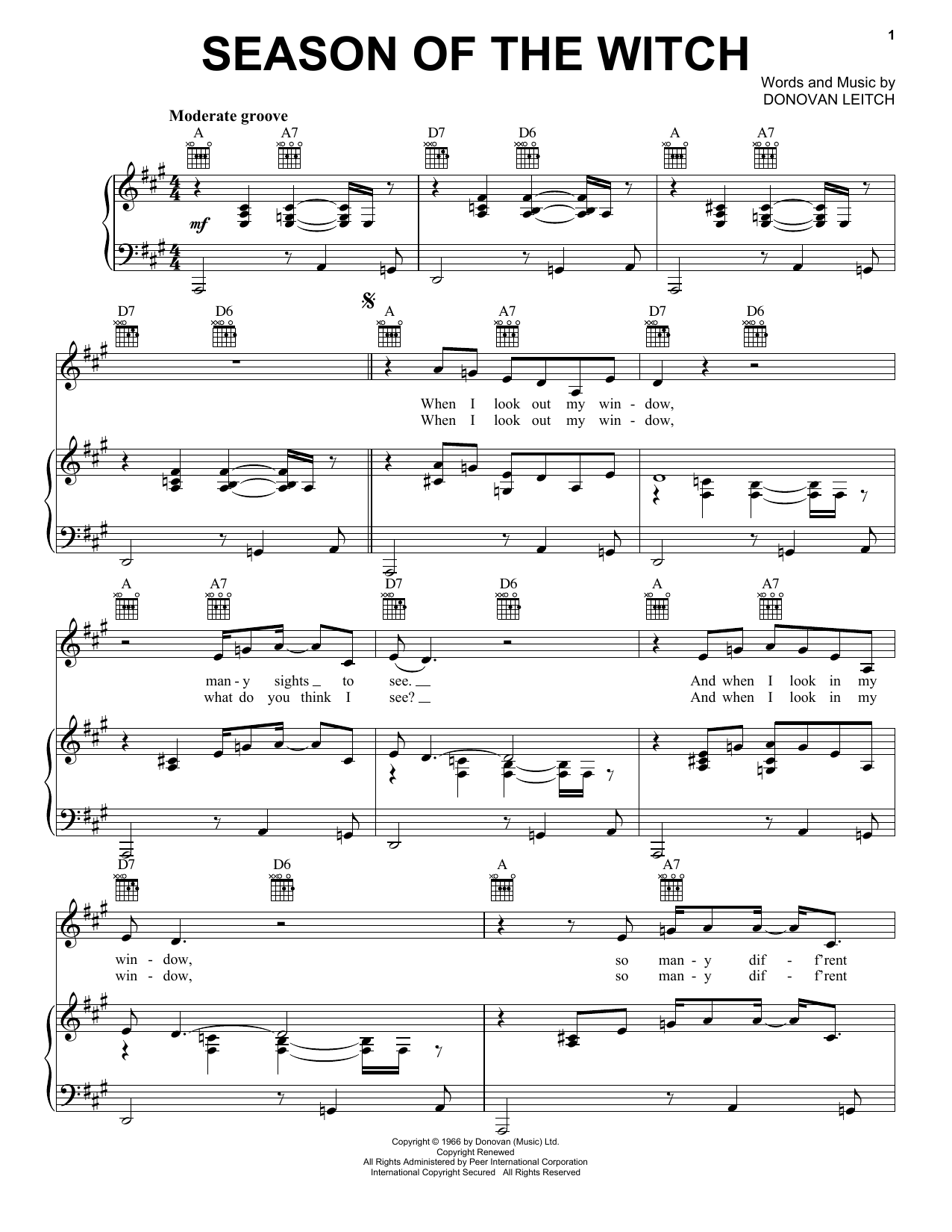Donovan Season Of The Witch Sheet Music Notes & Chords for Piano, Vocal & Guitar (Right-Hand Melody) - Download or Print PDF
