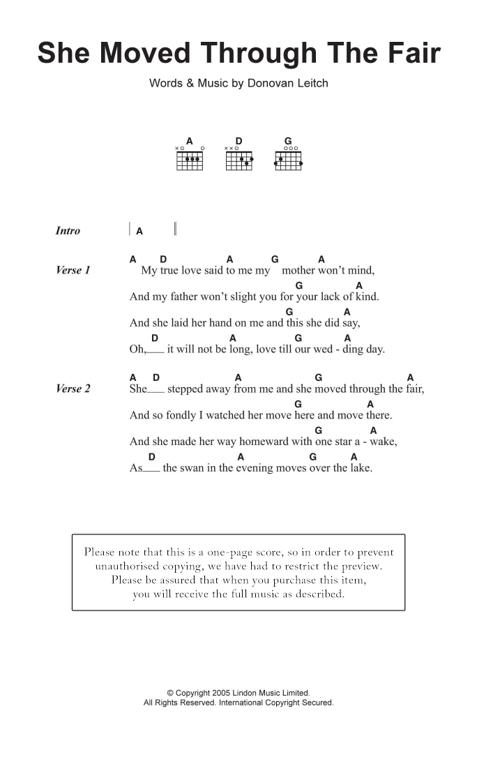 Donovan She Moved Through The Fair Sheet Music Notes & Chords for Lyrics & Chords - Download or Print PDF