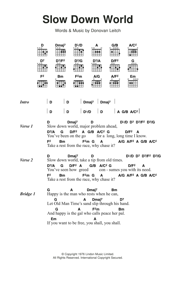 Donovan Slow Down World Sheet Music Notes & Chords for Lyrics & Chords - Download or Print PDF