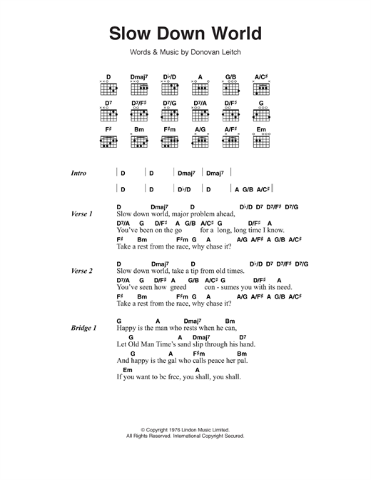 Donovan Slow Down World Sheet Music Notes & Chords for Lyrics & Chords - Download or Print PDF