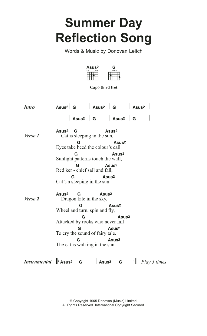 Donovan Summer Day Reflection Song Sheet Music Notes & Chords for Lyrics & Chords - Download or Print PDF