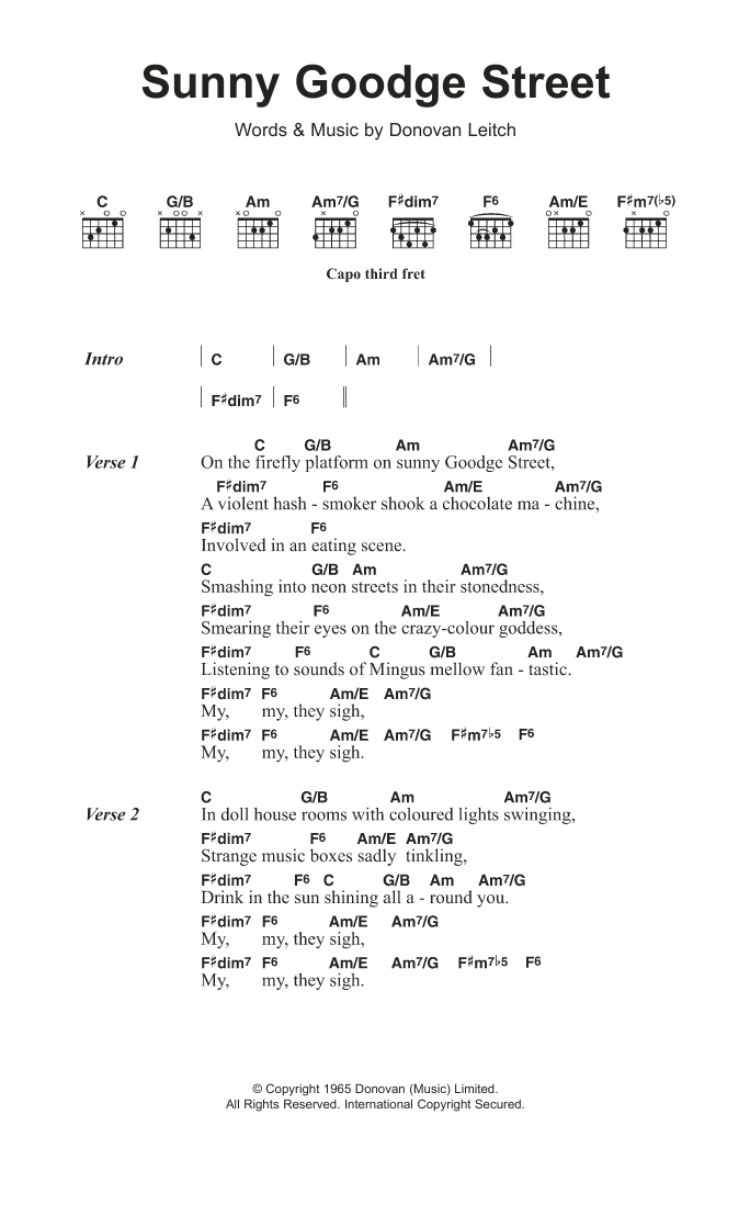 Donovan Sunny Goodge Street Sheet Music Notes & Chords for Lyrics & Chords - Download or Print PDF