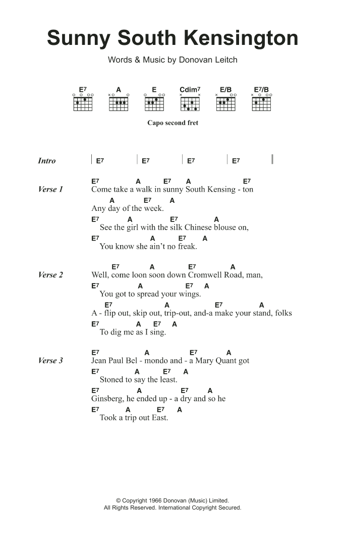 Donovan Sunny South Kensington Sheet Music Notes & Chords for Lyrics & Chords - Download or Print PDF